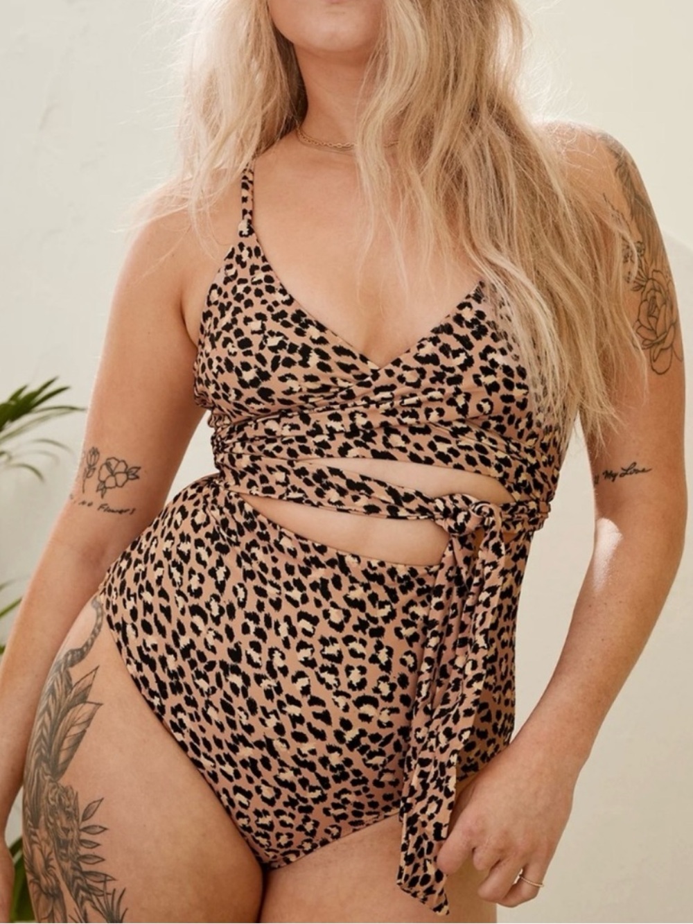 Aerie Leopard Wrap One Piece Swimsuit Tan Black Size L